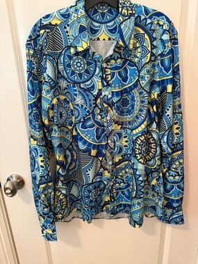 Blue & Yellow Mandala Print Casual Button-Down Shirt